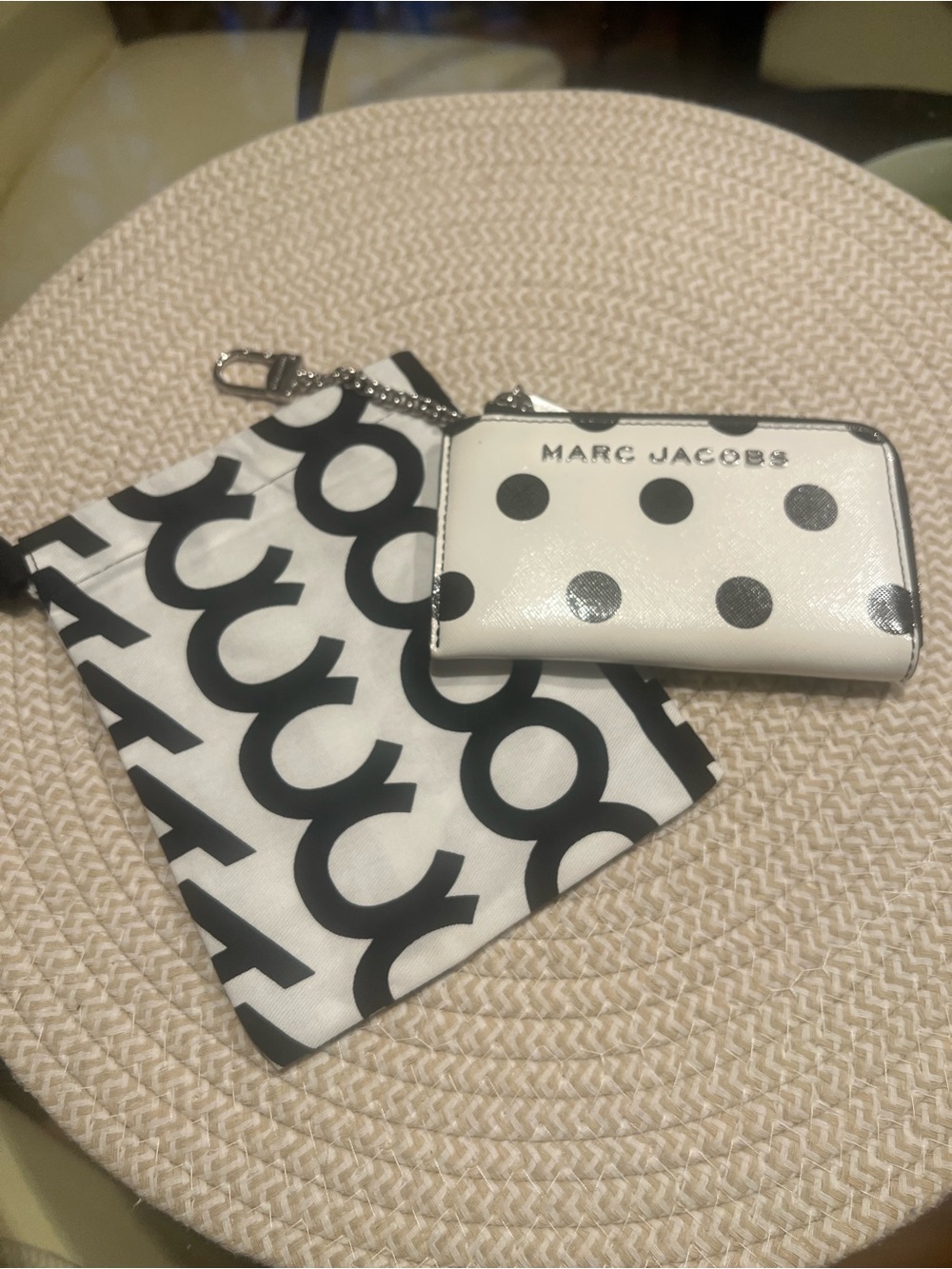 Marc Jacobs White and Black Polka Dot Zip Card Case with Keychain